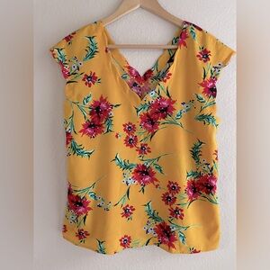 Express Medium Scalloped Yellow Floral Sleeveless V Neck Top